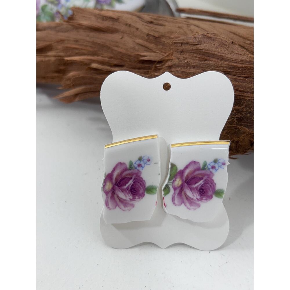 Handmade Broken China Earrings Flower Rose Botanical Pink White Gold Earrings
